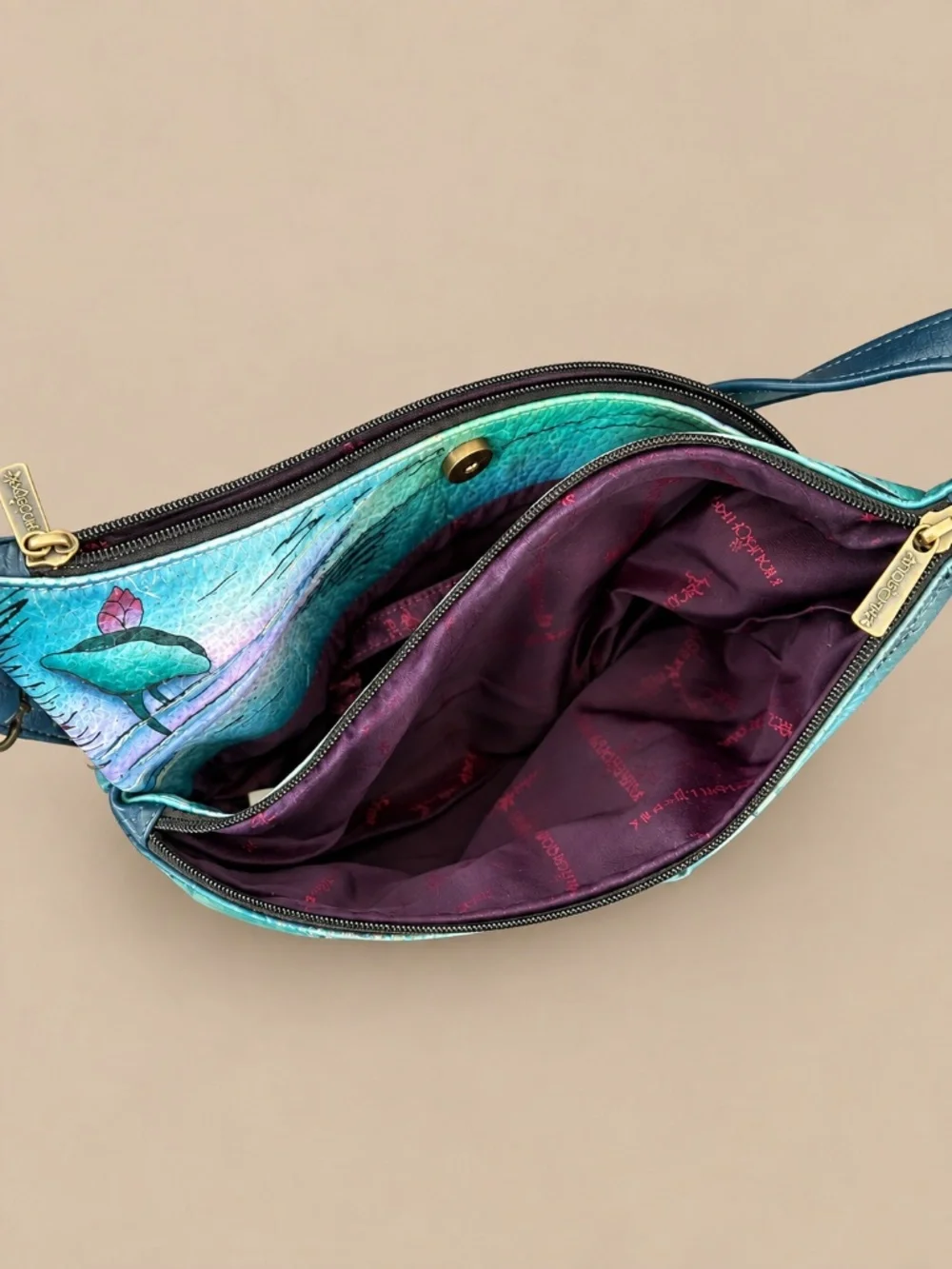 Anuschka Hand Painted Leather Koi Fish Lotus Hobo Shoulder Bag